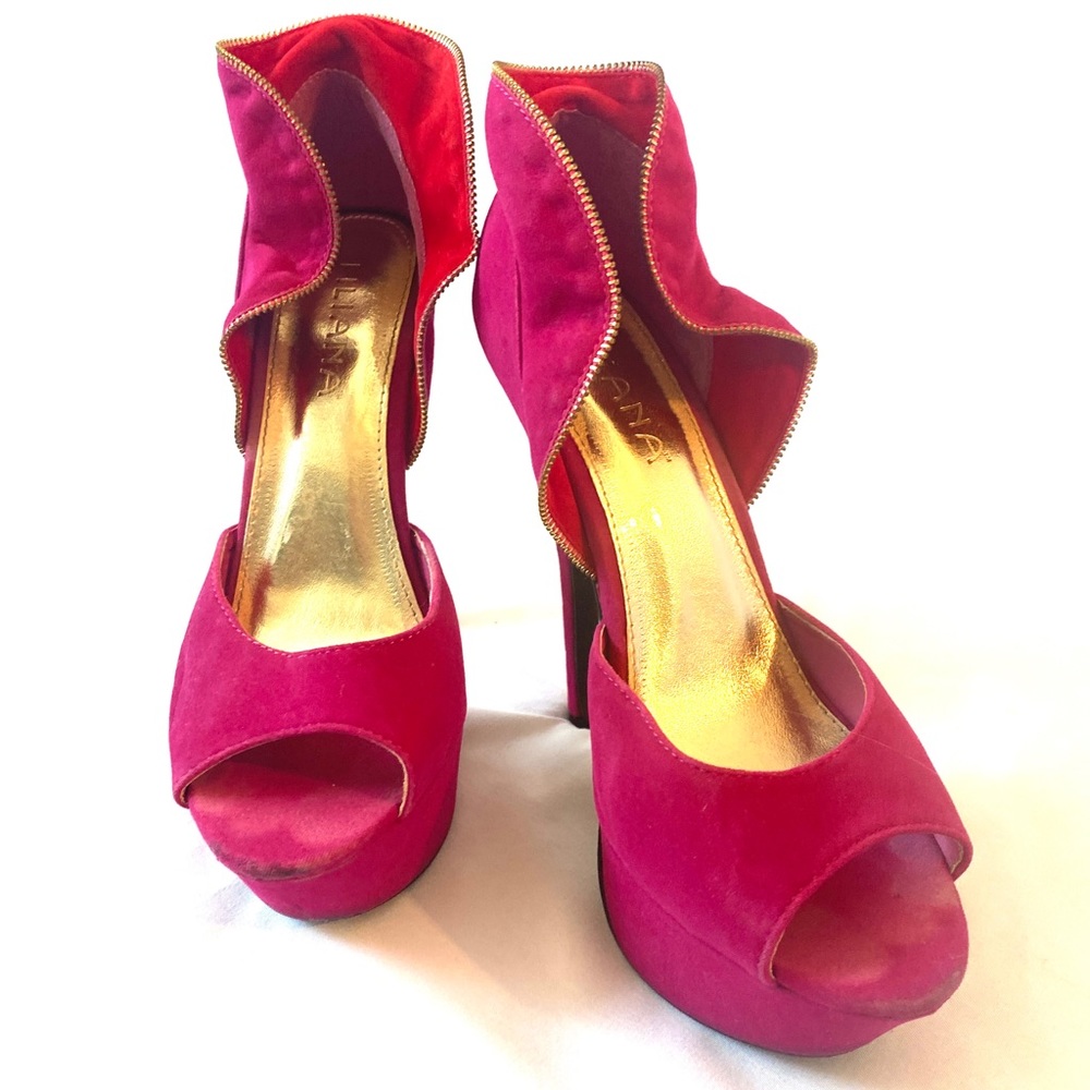 LILIANA Red, Hot Pink and‎ Gold Suede Zipper Heels 8
